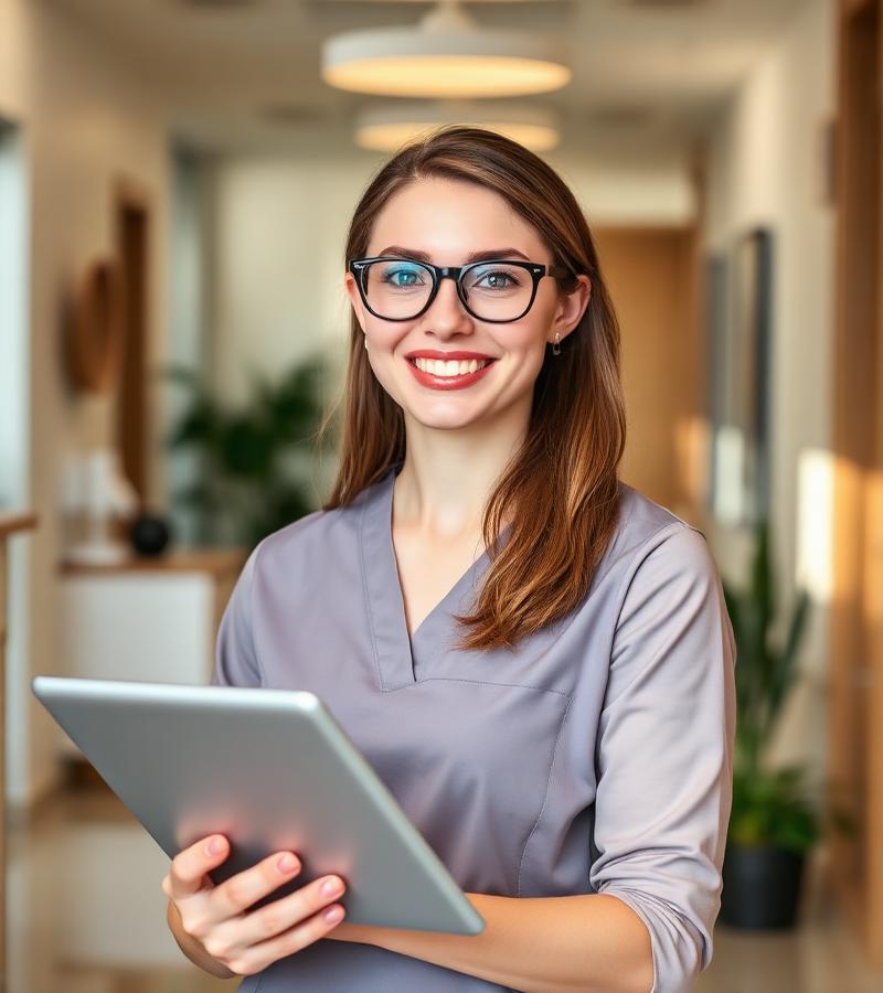 Dental receptionist with tablet