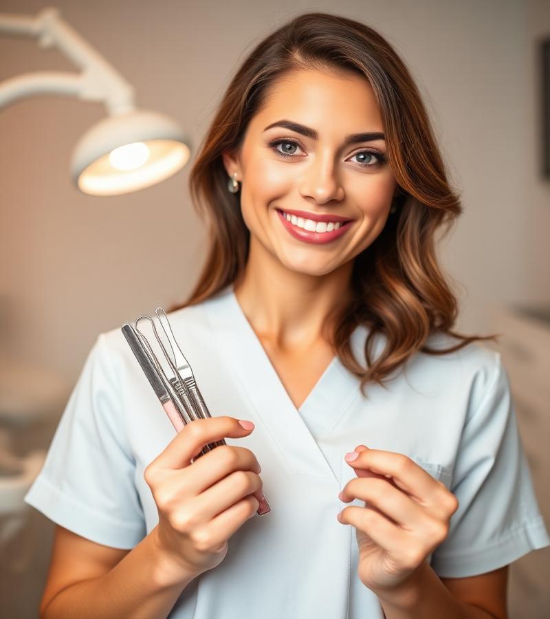 Dentist holding dental instruments